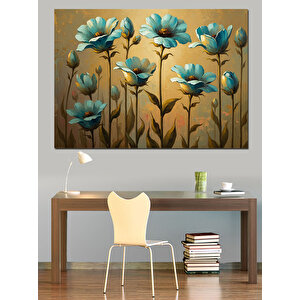Mavi Zemin Üzerinde Mavi Çiçekler Dekoratif Kanvas - Mdf Ahşap Tablo 70x100 cm