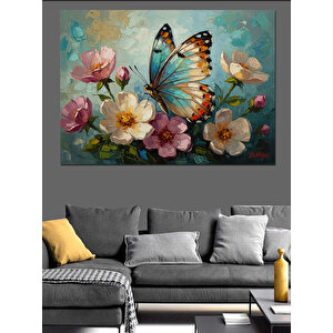 Çiçekler Arasında Renkli Mavi Kelebek Dekoratif Kanvas - Mdf Ahşap Tablo 70x100 cm