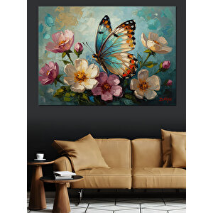 Çiçekler Arasında Renkli Mavi Kelebek Dekoratif Kanvas - Mdf Ahşap Tablo 70x100 cm