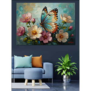 Çiçekler Arasında Renkli Mavi Kelebek Dekoratif Kanvas - Mdf Ahşap Tablo 70x100 cm
