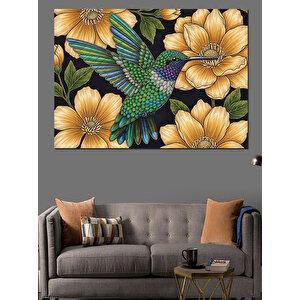 Çiçekler Arasında Uçuşan Renkli Sinekkuşu Dekoratif Kanvas - Mdf Ahşap Tablo 100x140 cm