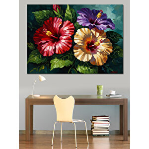 Kırmızı Ve Mor Hibiskus Çiçekleri Dekoratif Kanvas - Mdf Ahşap Tablo 100x140 cm