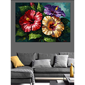 Kırmızı Ve Mor Hibiskus Çiçekleri Dekoratif Kanvas - Mdf Ahşap Tablo 100x140 cm