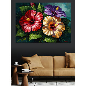 Kırmızı Ve Mor Hibiskus Çiçekleri Dekoratif Kanvas - Mdf Ahşap Tablo 100x140 cm