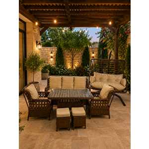 Vi̇lza 7 Kişilik Rattan Bahçe Balkon Teras Oturma Grubu Krem  Minderli (3+1+1) 80x140 Cm Masa, 2 Adet Puf Ve 2 Kişilik Rattan Salıncak Seti - Kahverengi Rattan