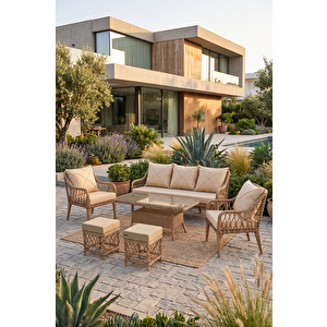 Tulipa Serisi 1.Sınıf 3+1+1 +2 Puf Cappucino Rattan, Cappucino Minder Bahçe Balkon Oturma Koltuk Takımı Cappucino