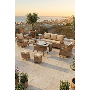 Anemon Serisi 1.Sınf 3+1+1+2 Puf Cappucino Rattan Cappucino Minder Bahçe Balkon Oturma Koltuk Takımı Cappucino