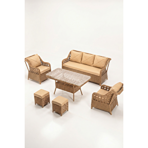 Anemon Serisi 1.Sınf 3+1+1+2 Puf Cappucino Rattan Cappucino Minder Bahçe Balkon Oturma Koltuk Takımı Cappucino