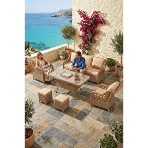 Anemon Serisi 1.Sınf 3+1+1+2 Puf Cappucino Rattan Cappucino Minder Bahçe Balkon Oturma Koltuk Takımı Cappucino