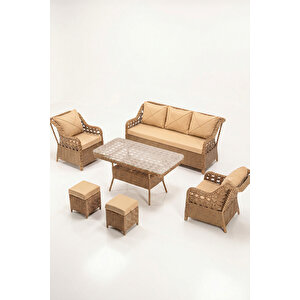 Anemon Serisi 1.Sınf 3+1+1+2 Puf Cappucino Rattan Cappucino Minder Bahçe Balkon Oturma Koltuk Takımı Cappucino