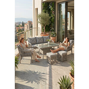 Tulipa Serisi 1.Sınıf 3+1+1+2 Puf Gri Rattan, Gri Minder Bahçe Balkon Oturma Koltuk Takımı Gri