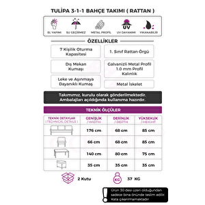 Tulipa Serisi 1.Sınıf 3+1+1+2 Puf Gri Rattan, Gri Minder Bahçe Balkon Oturma Koltuk Takımı Gri