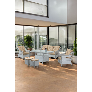 Akasya Serisi 1. Sınıf 3+1+1+2 Puf Beyaz Rattan Cappucıno Minder Bahçe Balkon Oturma Koltuk Takımı Cappucino
