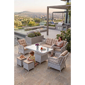 Akasya Serisi 1. Sınıf 3+1+1+2 Puf Beyaz Rattan Cappucıno Minder Bahçe Balkon Oturma Koltuk Takımı Cappucino
