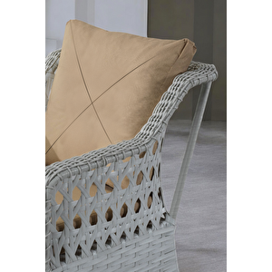 Akasya Serisi 1. Sınıf 3+1+1+2 Puf Beyaz Rattan Cappucıno Minder Bahçe Balkon Oturma Koltuk Takımı Cappucino