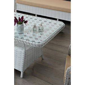 Akasya Serisi 1. Sınıf 3+1+1+2 Puf Beyaz Rattan Cappucıno Minder Bahçe Balkon Oturma Koltuk Takımı Cappucino