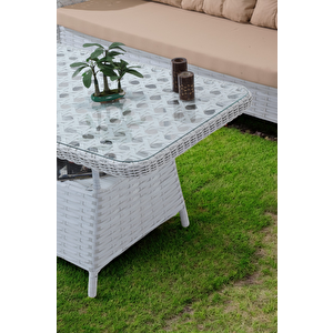 Antoryum Serisi 1. Sınıf 3+1+1+2 Puf Beyaz Rattan, Cappucino Minder Bahçe Balkon Oturma Koltuk Takımı Cappucino