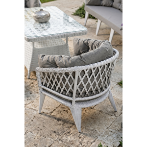 Liatris Serisi 1. Sınıf 3+1+1+2 Puf Beyaz Rattan Gri Minder Bahçe Balkon Oturma Koltuk Takımı Gri - Beyaz