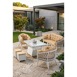 Liatris Serisi 1. Sınıf 3+1+1+2 Puf Beyaz Rattan Cappucino Minder Bahçe Balkon Oturma Koltuk Takım Cappucino