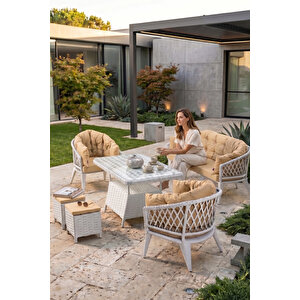 Liatris Serisi 1. Sınıf 3+1+1+2 Puf Beyaz Rattan Cappucino Minder Bahçe Balkon Oturma Koltuk Takım Cappucino