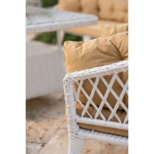 Liatris Serisi 1. Sınıf 3+1+1+2 Puf Beyaz Rattan Cappucino Minder Bahçe Balkon Oturma Koltuk Takım Cappucino