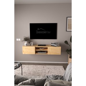 Df17102 Led Işıklı Duvara Monte Tv Ünitesi, 2 Kapaklı Dolaplı, Raflı 150 Cm Tv Alt Ünitesi Safir Meşe