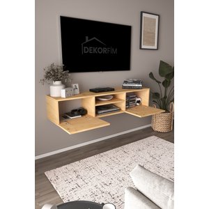 Df17102 Led Işıklı Duvara Monte Tv Ünitesi, 2 Kapaklı Dolaplı, Raflı 150 Cm Tv Alt Ünitesi Safir Meşe