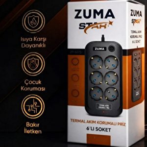 Zuma Termal Akım Korumalı 6 Soket 2 Metre Priz Açma Kapama Tuşlu Çocuk Korumalı Siyah