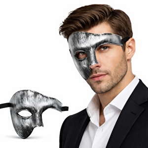Evimdeyokyok Antik Eskitme Gümüş Erkek Yarım Maske - Phantom Parti  Balo Maskesi S