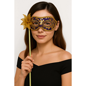 Evimdeyokyok Lüks Taşlı Saplı Maskeli Balo Maskesi Mor Renk 35 Cm S