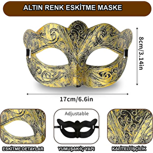 Evimdeyokyok Altın Renk Eskitme Maskeli Balo Maskesi – Venedik Tarzı Parti Maskesi S