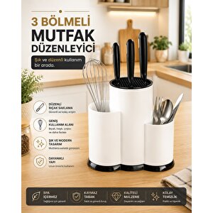 Tezgah Üstü Bölmeli Bıçaklık - Kaşık Kepçe Bıçak Standı Mutfak Düzenleyici Organizer Kaşıklık Beyaz S-10137
