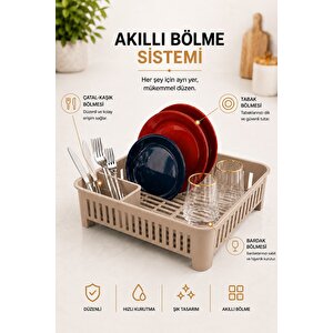 Bulaşıklık Tezgah Üstü Tabak Bardak Kurutmalık Plastik Bulaşık Sepeti 33x41 Cm Bej S-10567