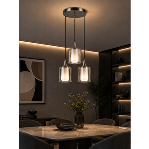 Minimal Lambent Silver Chrome 3'lü Tri̇o Cam Avize Beyaz-Füme
