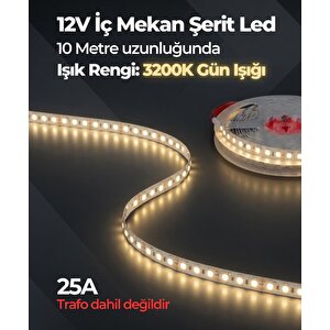 12v İç Mekan Şerit Led 10 Metre 3200k Gün Işığı Kesilebilir Led Şerit Trafo Hariç