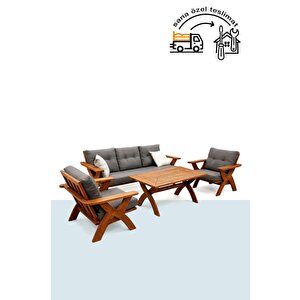Niron Bodrum Bahçe Oturma Grubu - Masif Kestane Ahşap Bahçe Takımı 3+1+1 Kestane
