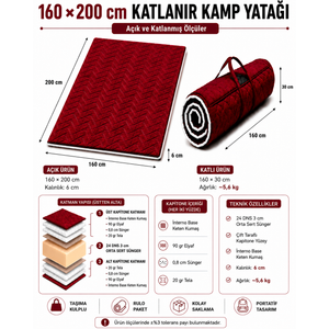 Bordo Taşınabilir Katlanır Yatak Karavan Kamp Yatağı Otel Misafir Anne Yanı Yer Yatağı 5cm 160x200 cm