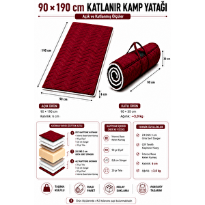 Bordo Taşınabilir Katlanır Yatak Karavan Kamp Yatağı Otel Misafir Anne Yanı Yer Yatağı 5cm 90x190 cm