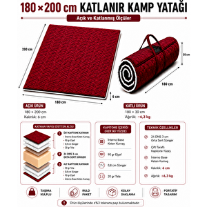 Bordo Taşınabilir Katlanır Yatak Karavan Kamp Yatağı Otel Misafir Anne Yanı Yer Yatağı 5cm 180x200 cm