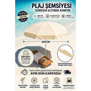 Şemsiye Plaj, Güneş Ve Balkon Şemsiyesi Krem Renk Kalın Kumaş 10 Telli 200cm Çap