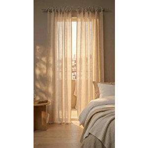 Bej Renk Keten Rustik Tül Perde - Bağcıklı(tie Top) Dikim - Pilesiz Doğal Görünüm - Kişiselleştirilebilir Özel Ölçü 400x270 cm