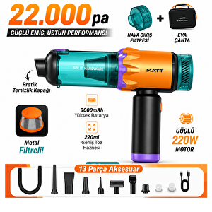 Matt Mcv22 9000mah Güçlü Bataryalı Araç Süpürgesi 22.000pa Kablosuz Şarjlı El Tipi 220w Vakum & Üfleme Sarı