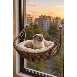 Lüxperi Hilal Kedi Cam Yatağı & Vantuzlu Cam Yatağı & Kedi Pencere Yatağı Kahve 45x45x14,5 cm