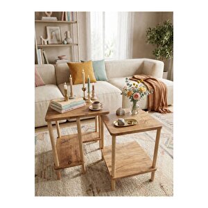 Modern Zigon Sehpa İkili Set Minimal Tasarım Yan Sehpa Dekoratif Ahşap Atlantik Çam