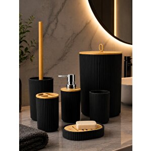 6’lı Banyo Seti Sabunluk Diş Fırçalık Sıvı Sabunluk Çöp Kovası Tuvalet Fırçası Organizer Siyah