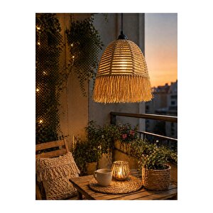 El Yapımı Hasır Jüt Halat - Rafya Bohem Avize - Kafe, Balkon, Hol, Salon Avize