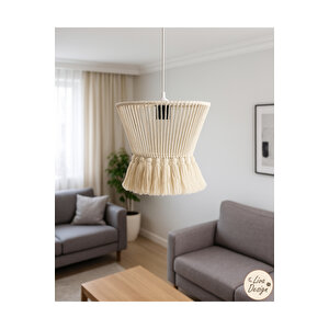 El Yapımı Krem Pamuk Makrome Bohem Püsküllü Avize / Salon, Yatak Odası ,oturma Odası, Ofis, Balkon