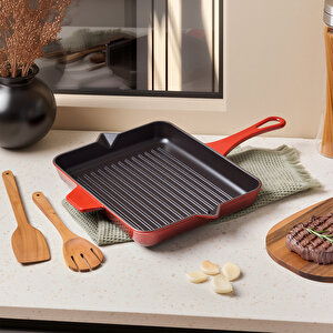 Duo Cast Grill Tava Kırmızı 26x32 Cm
