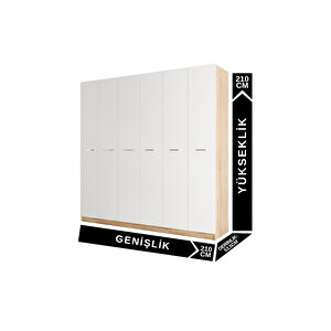 Ae-2190 Hisar Sonomo/beyaz 6 Kapaklı Çok Bölmeli Askılı Ve Raflı Geniş Hacimli Gardırop 210x210 Cm