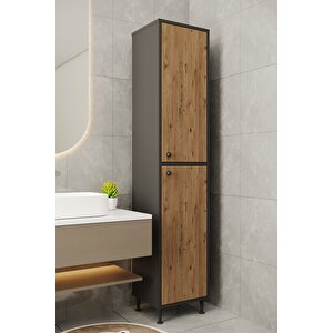 Ae-2027 Lina Anrasit/atlantik Çam  2 Kapaklı Raflı Dar Yüksek Boy Banyo Çok Bölmeli Depolama Dolabı 40x180 Cm Çok Amaçlı Dolap